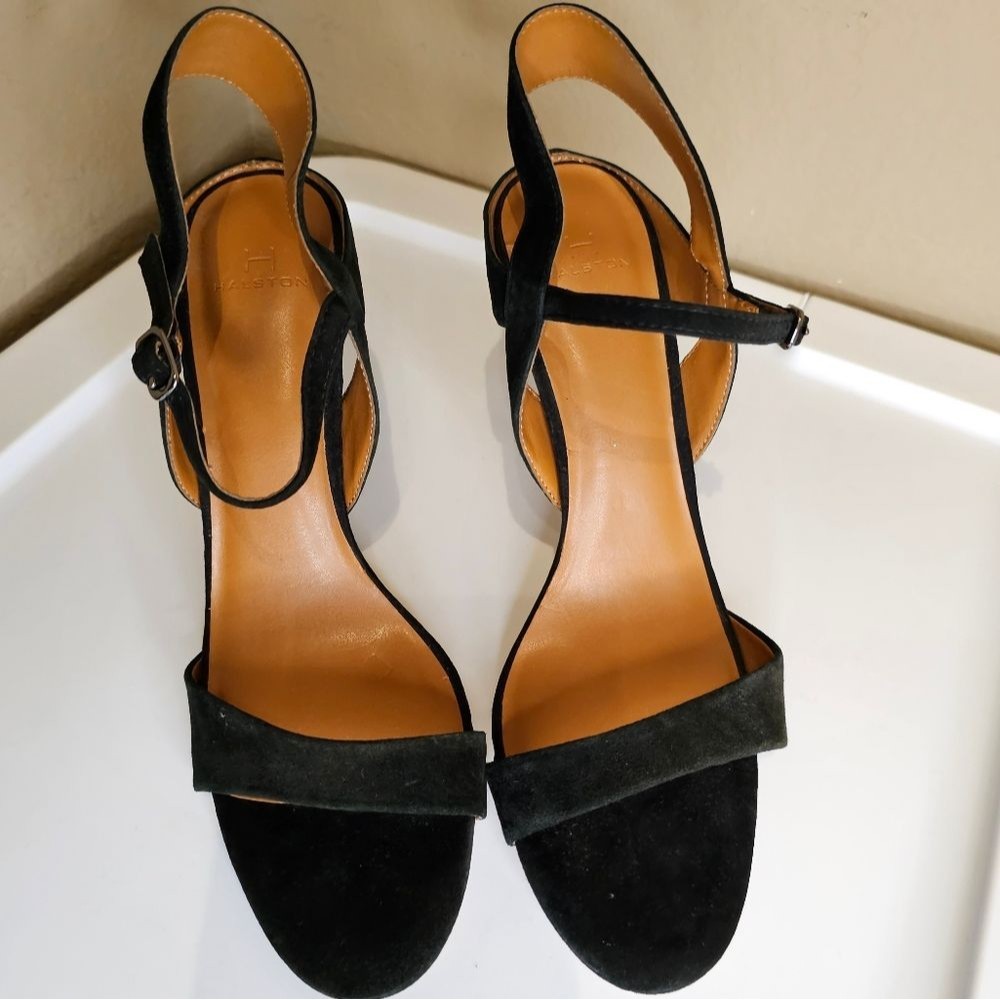 H by Halston Ainsley Black Suede Open Toe Sandal Heels Size 9.5 - Picture 3 of 6